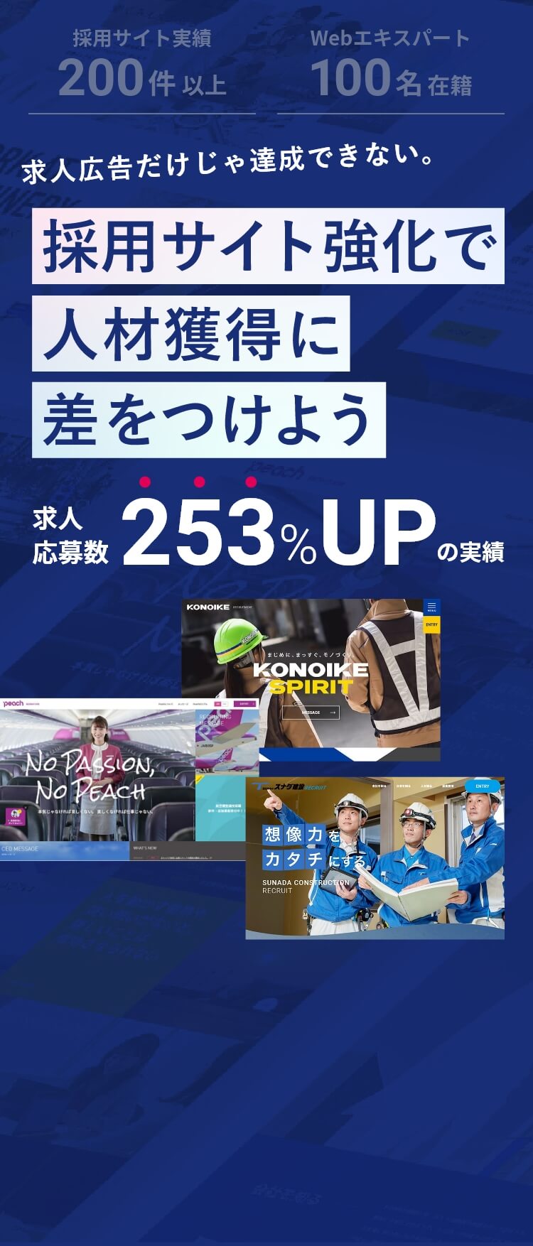 求人広告だけじゃ達成できない。採用サイト強化で、人材獲得に差をつけよう。求人応募数253%UPの実績