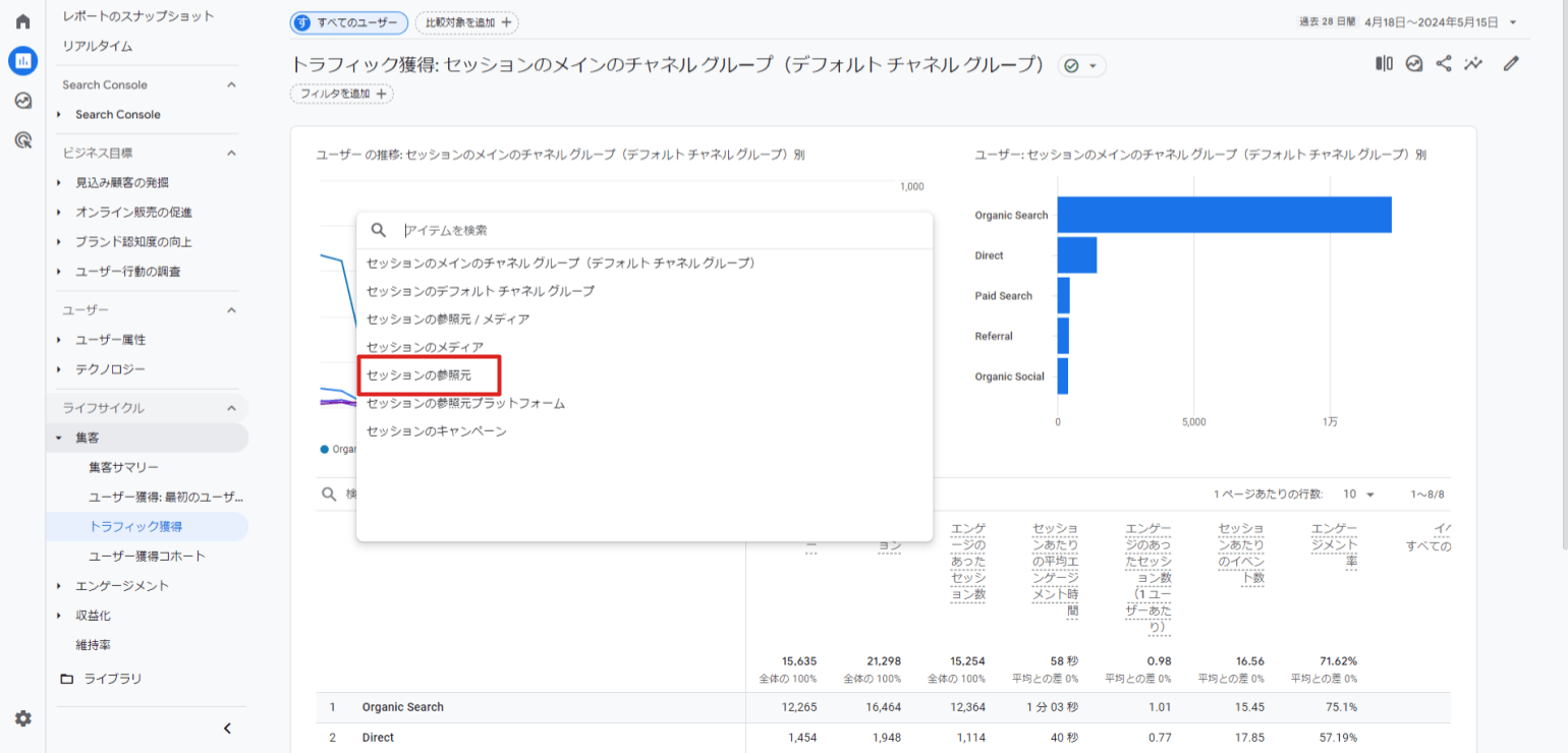 GA4レポート画面｜セッションの参照元へディメンション変更