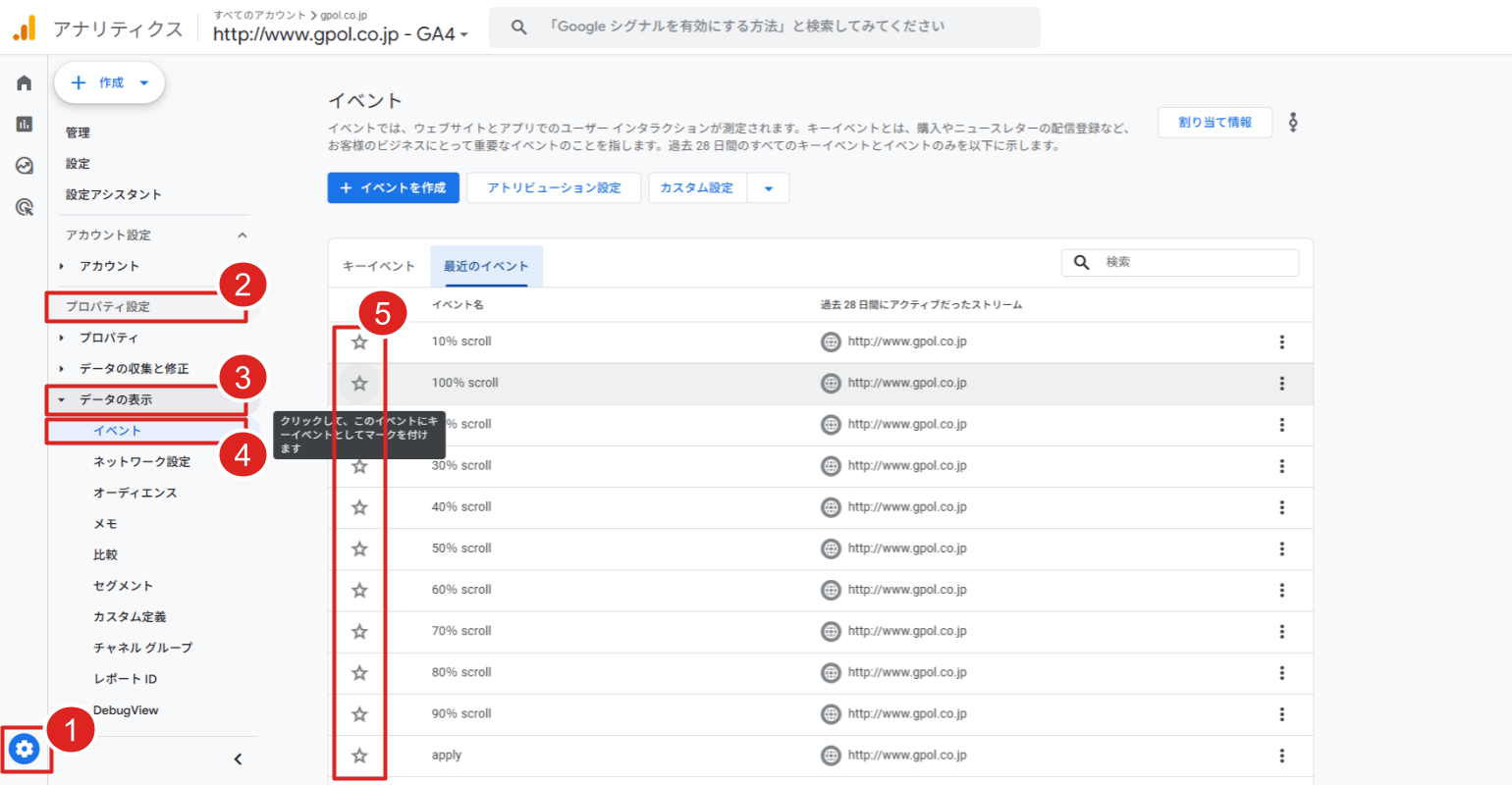 GA4の管理画面でキーイベントを設定する場合