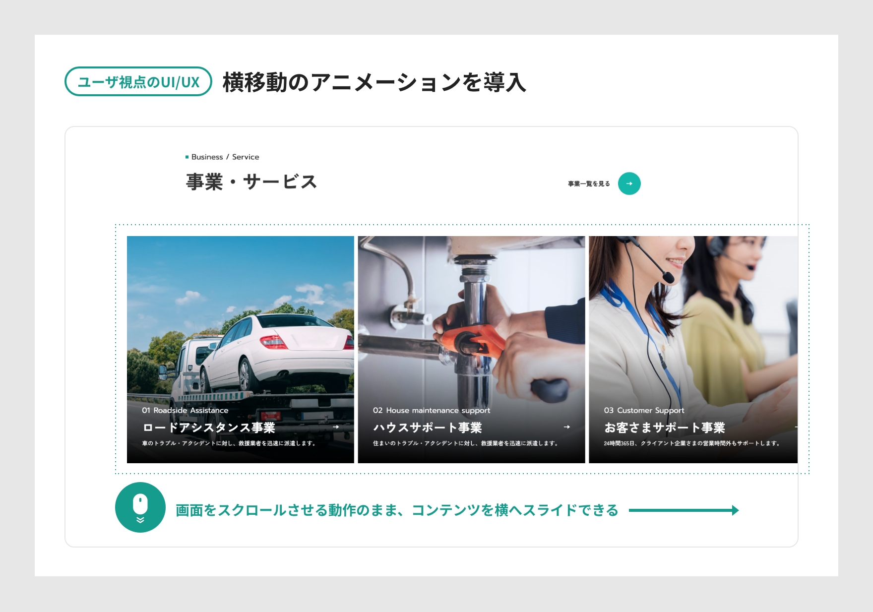 ユーザー視点のUI/UX　横移動のアニメーションを導入