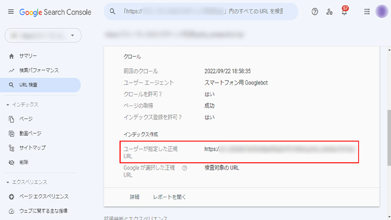 Google Search Consoleで正規URLを確認している画面